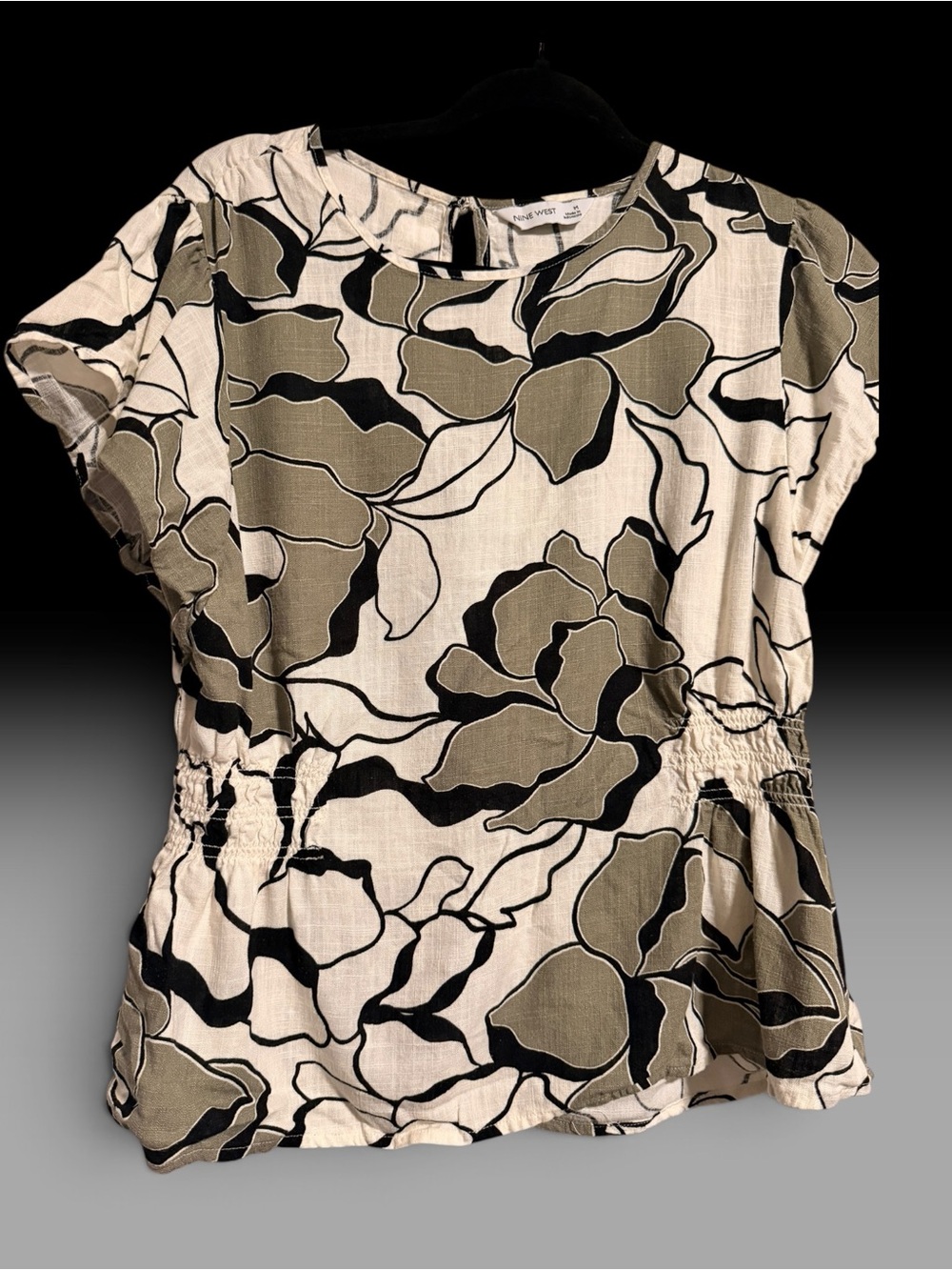 Nine West Cream, Olive & Black Floral Peplum Short Sleeve Blouse